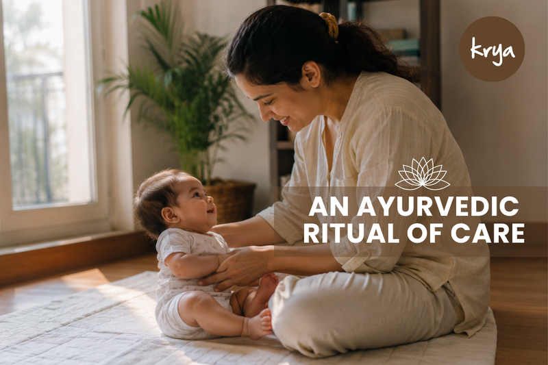 Indian mother seated on a cotton mat near a window, sharing a warm moment of connection with her infant in a modern home, illustrating nurturing care and early childhood bonding.