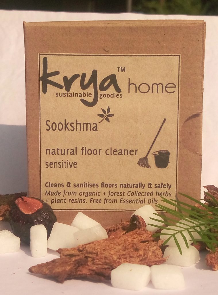 Krya Sookshma floor cleaner is a whole herb, toxin free, fragrance free floor cleaner powder made from whole Ayurvedic herbs, gums and resins