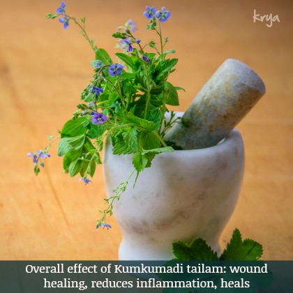 Overall effect of Kumkumadi tailam is to heal skin, reduce pitta and treat pitta related aggravation and inflammation